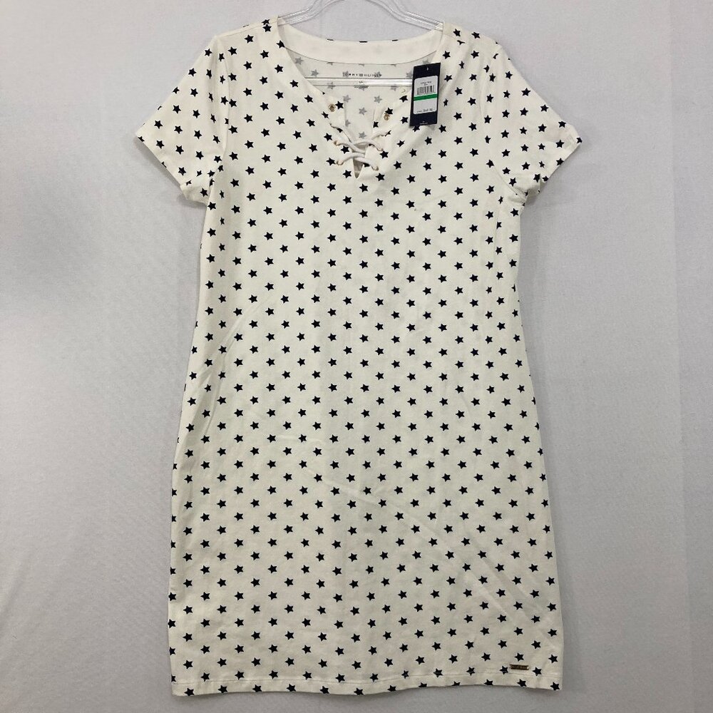 New Tommy Hilfiger size Large Black White Star‎ Print Novelty Stretch Dress
